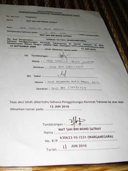 Document declaring Mat Sah's release
