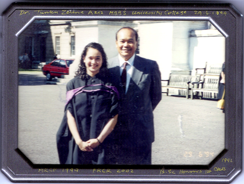 Tunku Aziz with his daughter Dr Tunku Zelena Aziz during her graduation in 1994 in England