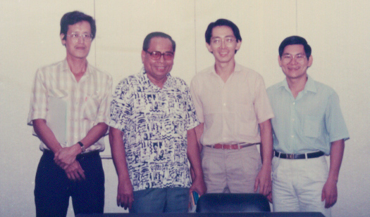 Tang (far right) at the Centre for Malaysian Chinese Studies with (from left) Gerakbudaya publisher Chong Tong Sin, former Utusan Melayu editor and journalist Said Zahari, and Chinese-language educationist and former DAP Member of Parliament Dr Kua Kia Soong