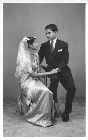 Wedding photo of Anu’s parents – K Jegadeva and Gana Jegadeva – in December 1961 in Teluk Anson 