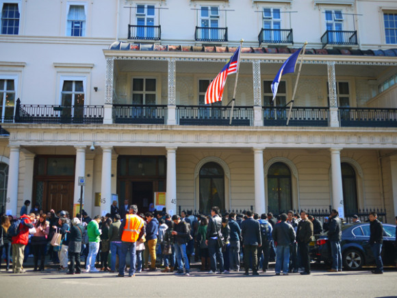 The long line of voters outside the Malaysian Embassy in London. (Photo by Koh Lay Chin)